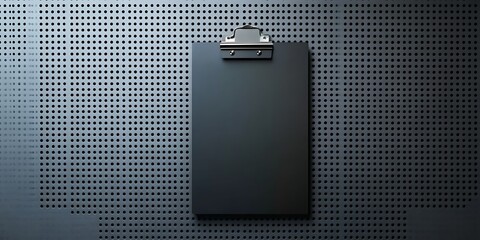 Poster - Black clipboard on a metal pegboard wall with a repeating pattern of evenly spaced circular holes ,


