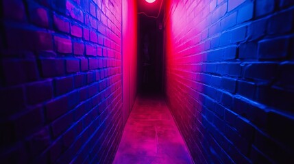 Poster - A hidden cyberpunk alley glowing with blue and pink neon lights