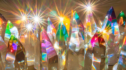 Poster - A dynamic artistic composition featuring crystal shards illuminated by bright lights in various angles and reflections
