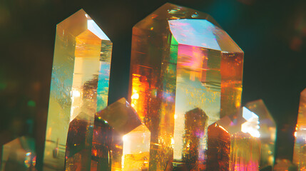Poster - Artistic composition featuring various crystals and tulips arranged together on a flat surface