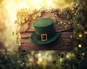 Poster - A green leprechaun hat surrounded by clover and hanging on a wooden board, symbolizing St. Patrick's Day, luck, and festive celebration with a soft bokeh background