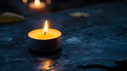 Canvas Print - Lit candle on dark stone surface with blurred background.