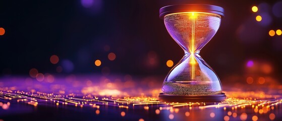 Poster - Glowing Digital Hourglass with Circuit Patterns and Vibrant Colorful Lights