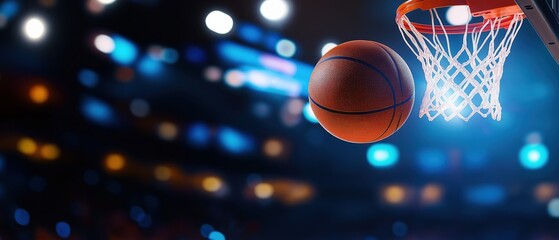 Poster - Basketball in Mid-Air Spinning Above a Hoop in a Dynamic Close-Up Shot
