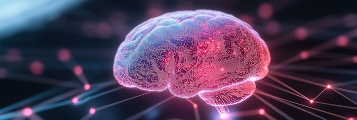 Fototapete - A brain with red and blue colors is shown in a black background. The brain is surrounded by a web of lines, which gives the impression of a complex network. Concept of the brain being a complex