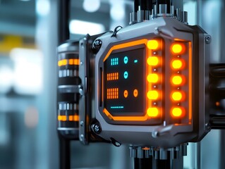 Poster - A close-up view of a futuristic control panel featuring glowing orange lights and digital displays, symbolizing advanced technology and innovation in modern industries.