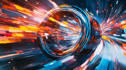 Poster - Futuristic abstract tunnel with bright lights and blue walls creating a surreal atmosphere
