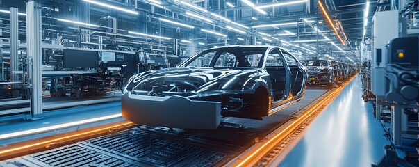 Poster - A futuristic automotive manufacturing facility showcasing advanced production technology
