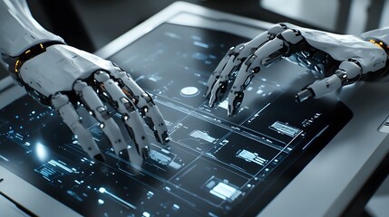 Poster - A futuristic robotic hand interacts with a touch screen interface, showcasing advanced technology and innovation in artificial intelligence and automation.