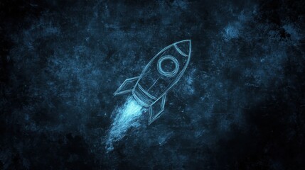 Poster - Blue Neon Rocket Launching Into the Dark Cosmic Space with Glowing Trail Effects
