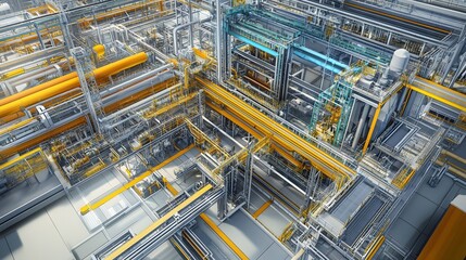 Poster - Aerial view of a complex industrial facility showcasing an intricate network of pipes, machinery, and structures, representing cutting-edge technology in manufacturing and producti