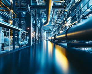 Poster - This industrial environment showcases a network of pipes and machinery, highlighting modern technology and engineering