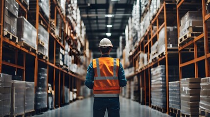 Poster - Warehouse manager inspecting stock in a modern distribution center.