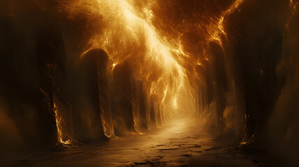 Poster - Dark tunnel with a central fire surrounded by concrete walls and illuminated by an eerie glow