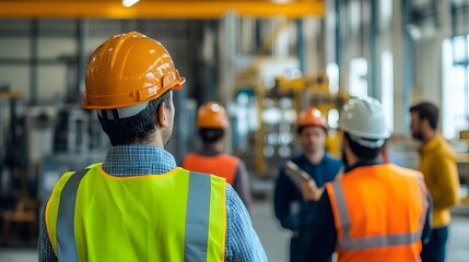 Poster - Workers in safety gear collaborate in an industrial setting.