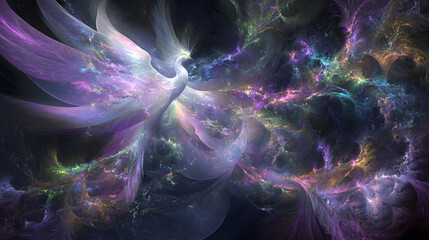 Poster - Futuristic computer generated image of a colorful bird in a vibrant outer space environment with tulips