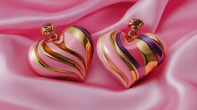 Modern heart-shaped earrings with a delicate twist design on a pink fabric background