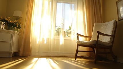 Wall Mural - Sunlight streams through a window, illuminating a chair in a cozy room, creating a warm and inviting atmosphere.