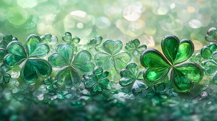 Poster - A close-up view of vibrant green glass clovers with soft glowing bokeh in the background, symbolizing St. Patrick's Day, good luck, and nature's beauty.