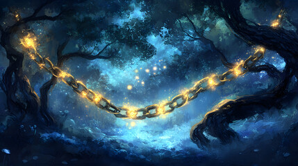 Poster - Dark forest illuminated by a chain of lights creating a futuristic atmosphere at night