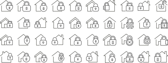 Wall Mural - collection of line icons of house with lock. minimalistic linear pictogram for web and graphic desig