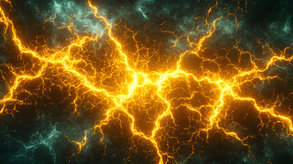 Poster - Bright orange and yellow lightning effect with geometric shapes on a futuristic background