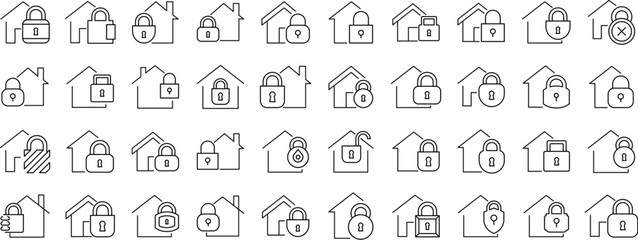Wall Mural - bundle of line icons of house with lock. minimalistic linear pictogram for web and graphic design, a