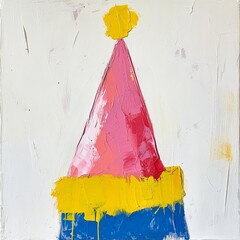 Poster - Abstract Celebration: Colorful Party Hat in Thick Impasto Paint on Textured White Canvas Background