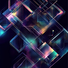 Poster - abstract geometric composition with neon outlines and iridescent reflections on dark backdrop