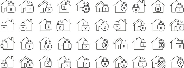 Wall Mural - house with lock outline web line icons collection. minimalistic linear pictogram for web and graphic