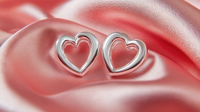 Stylish open-heart silver earrings displayed on a silky pink fabric