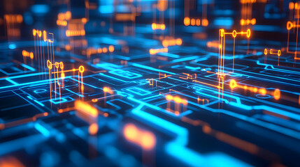 Poster - Futuristic computer circuit board with glowing blue and orange lights in a geometric pattern