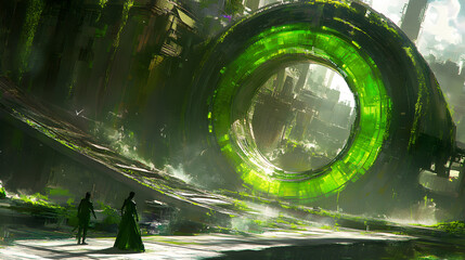 Poster - Futuristic cityscape featuring a large green portal with geometric architecture and abstract elements