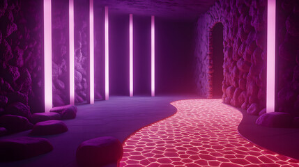 Poster - Futuristic geometric abstract tunnel illuminated by light with a pattern of shapes and colors
