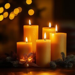 Poster - Candlelight Glow: Five Lit Candles with Festive Decorations Radiating Warmth in a Bokeh-lit Setting for a Cozy Holiday Atmosphere