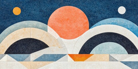 Poster - Abstract geometric background with sun, moon, and waves in soft pastel colors for modern art design