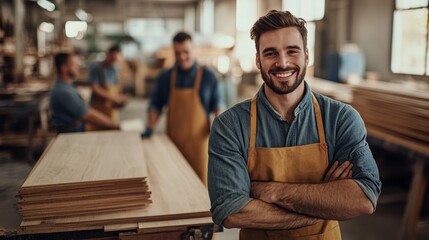 Portrait of a smiling young male carpenter working in his workshop.