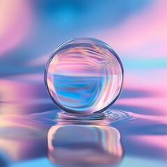 Poster - Crystal Orb Reflection: A Mesmerizing Dance of Light and Water on a Dreamy Pastel Surface.