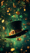 © PhotoArtHub - Flying leprechaun hat surrounded by floating coins and clovers, with a magical glowing green background, symbolizing St. Patrick's Day, luck, and celebration.