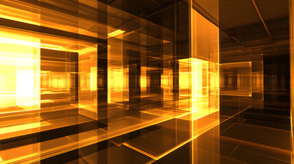 Poster - Futuristic geometric abstract design with vibrant yellow light and tulips in a modern room setting