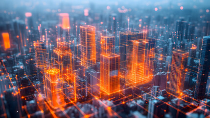 Poster - Futuristic geometric abstract design featuring a city skyline with buildings and lights at night