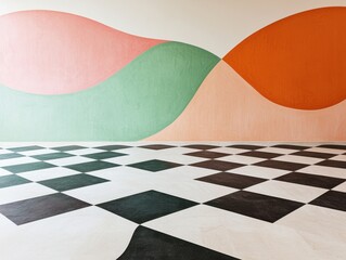 Poster - Modern interior design with colorful abstract wall patterns and geometric floor tiles in contemporary space