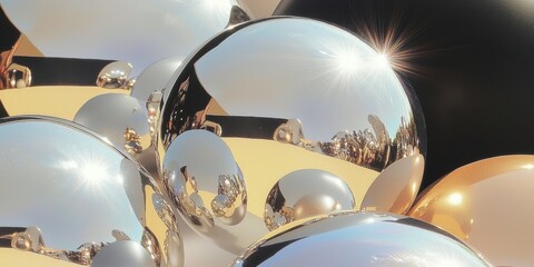 Poster - Gleaming metallic spheres reflecting light and colors, creating a stunning abstract composition of shapes and shadows
