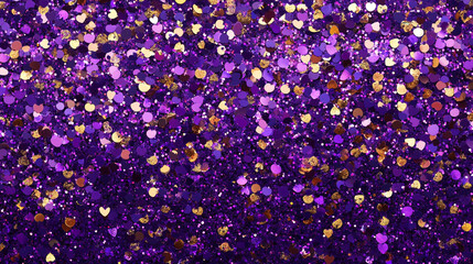 Poster - Colorful glitter background with heart shapes in shades of purple and gold for festive occasions