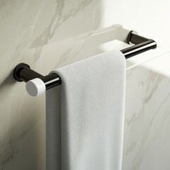 Aufkleber - Modern Bathroom: Black and White Towel Rack with Soft Gray Towel against Marble Tile Wall Background.