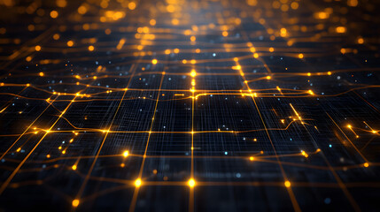 Poster - Futuristic computer circuit board with illuminated lights and geometric patterns in a technology-focused design