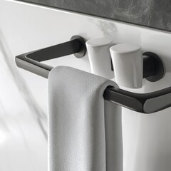 Poster - Modern Bathroom Detail: Black Towel Rack with White Towel and Cup Holders on Marble Wall