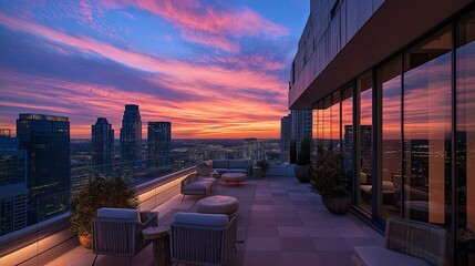 Wall Mural - A rooftop view of a sprawling metropolis at sunset.