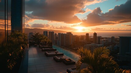 Aufkleber - A rooftop view of a sprawling metropolis at sunset.