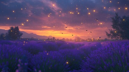 Aufkleber - A scenic lavender field at dusk with twinkling fireflie
